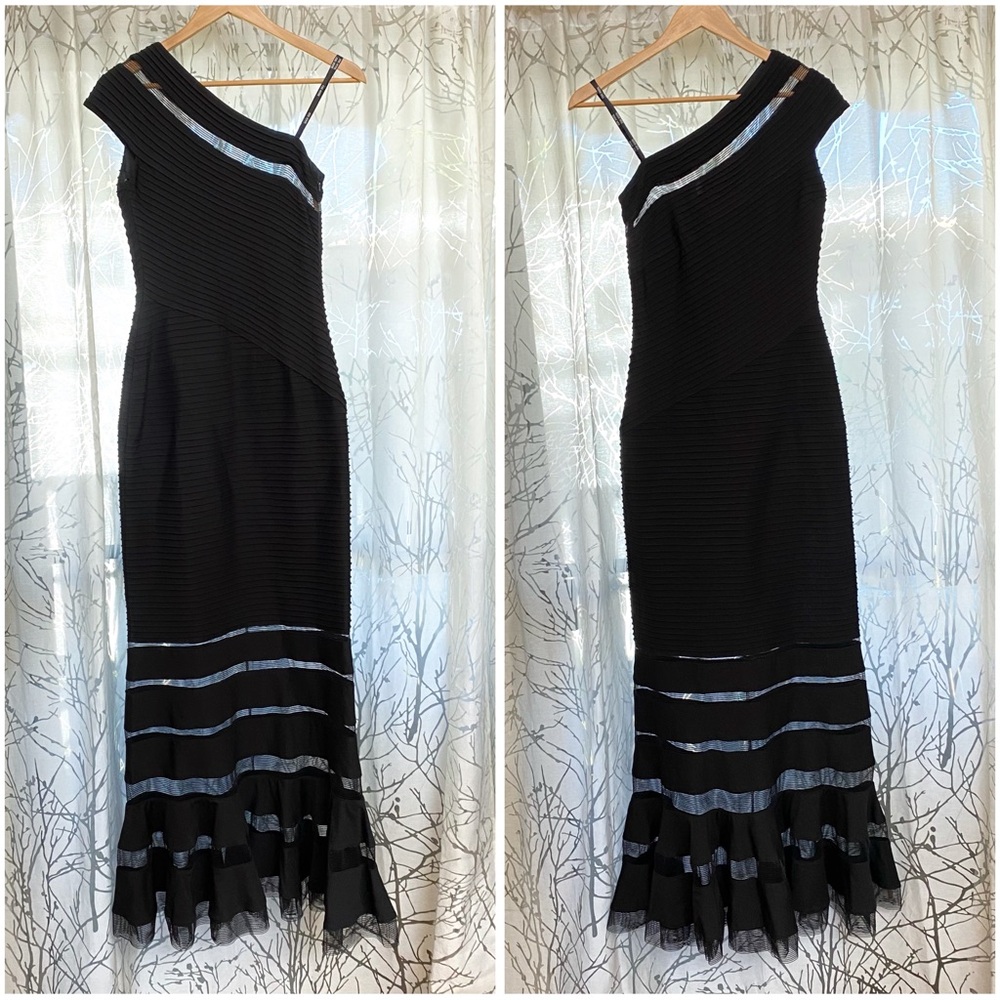 TADASHI SHOJI BLACK RIBBED ONE SHOULDER FLARE MERMAID BOTTOM DRESS GOWN - Picture 2 of 10